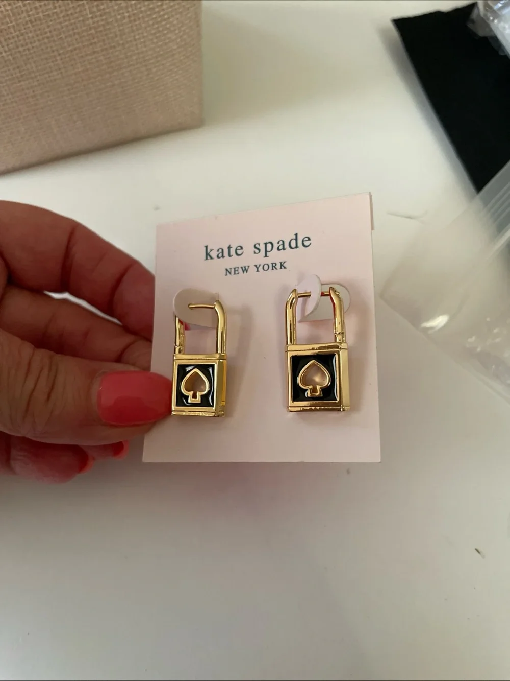 kate spade Gold Hoop Earrings with Black Enamel Spade Charm and Pink Accent